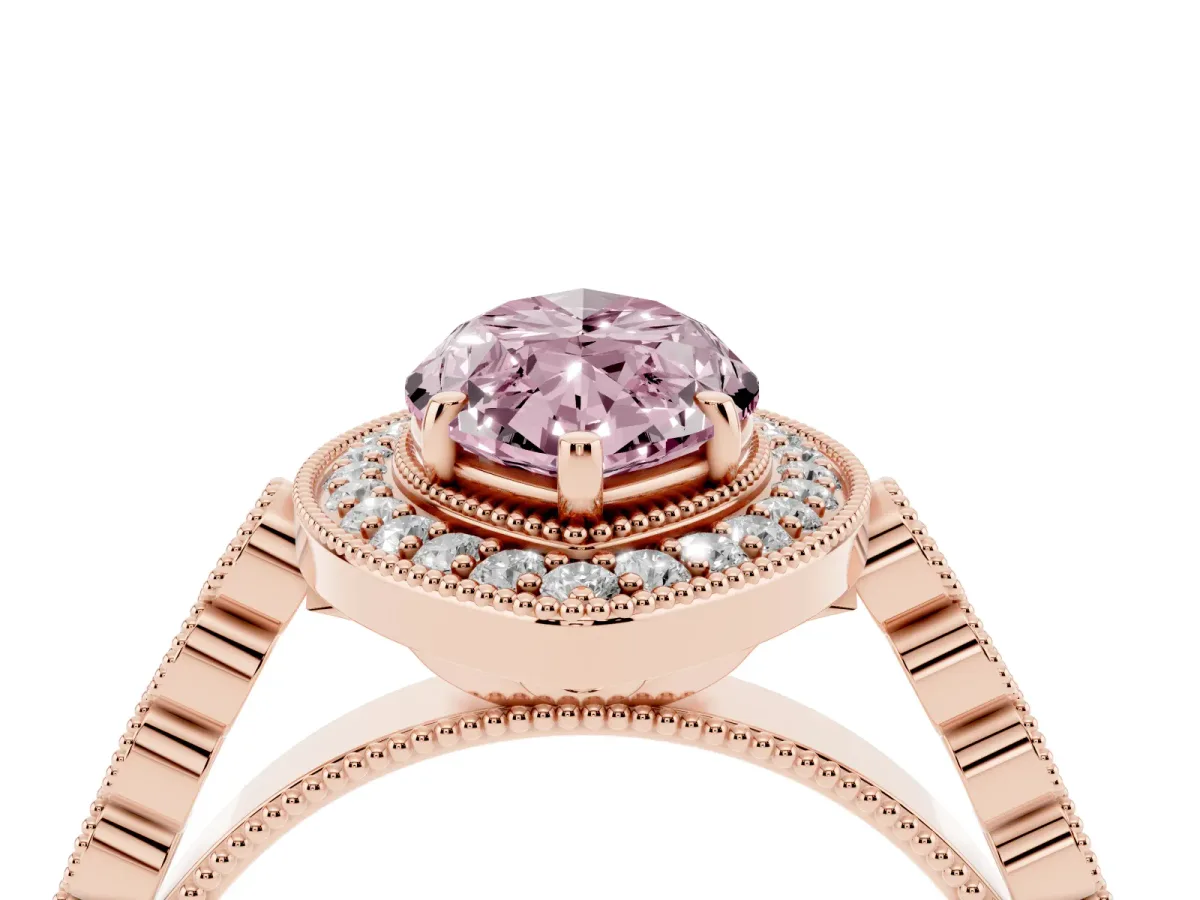 Fancy Pink Marquise Cut Halo Milgrain Solitaire with Bezel Set Side Stones and Pave Band Rose gold