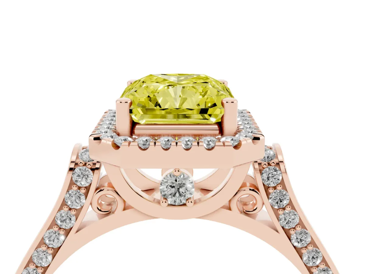 Fancy Yellow Radiant Cut Halo Round Diamond Twist Band with Four-Prong Setting Rose gold