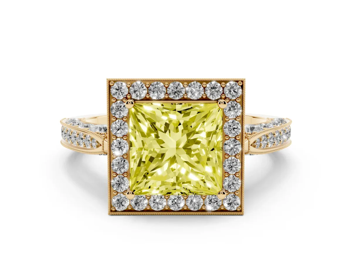Fancy Yellow Princess Cut Halo Diamond Engagement Ring with Split Shank Band and Four-Prong Setting Yellow gold