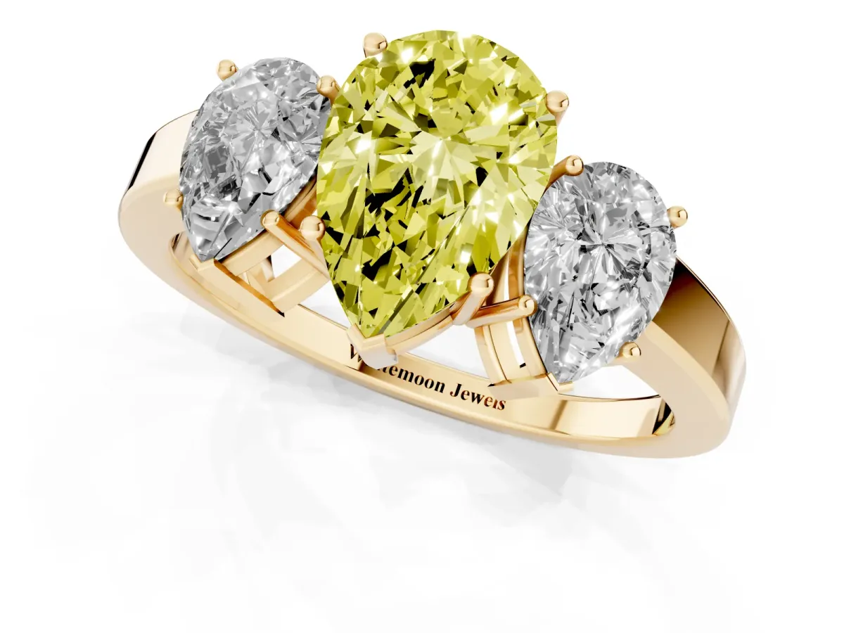Fancy Yellow Three-Stone Pear Cut Cut Diamond Engagement Ring with Flat Band and Four-Prong Setting Yellow gold