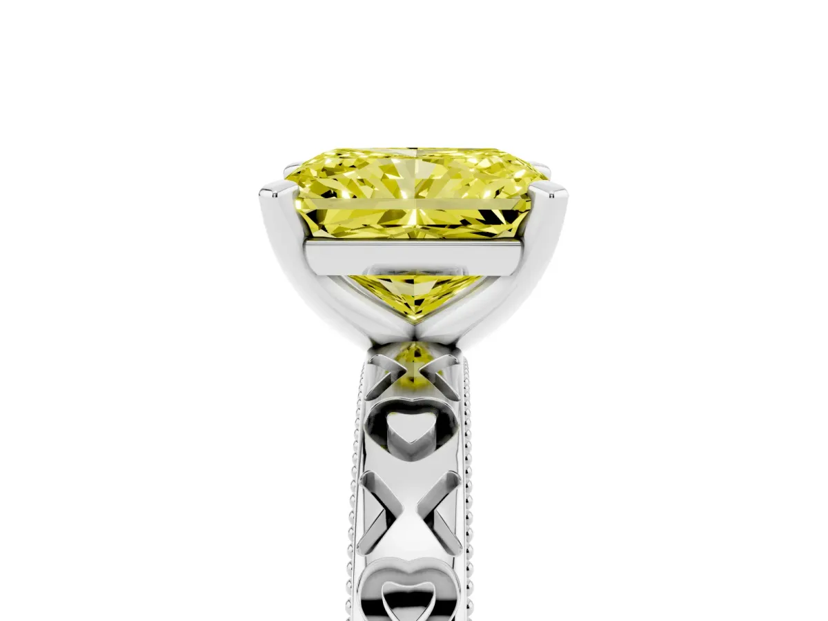 Fancy Yellow Radiant Cut Solitaire Diamond Engagement Ring with XO Engraved Band and Four-Prong Setting Silver