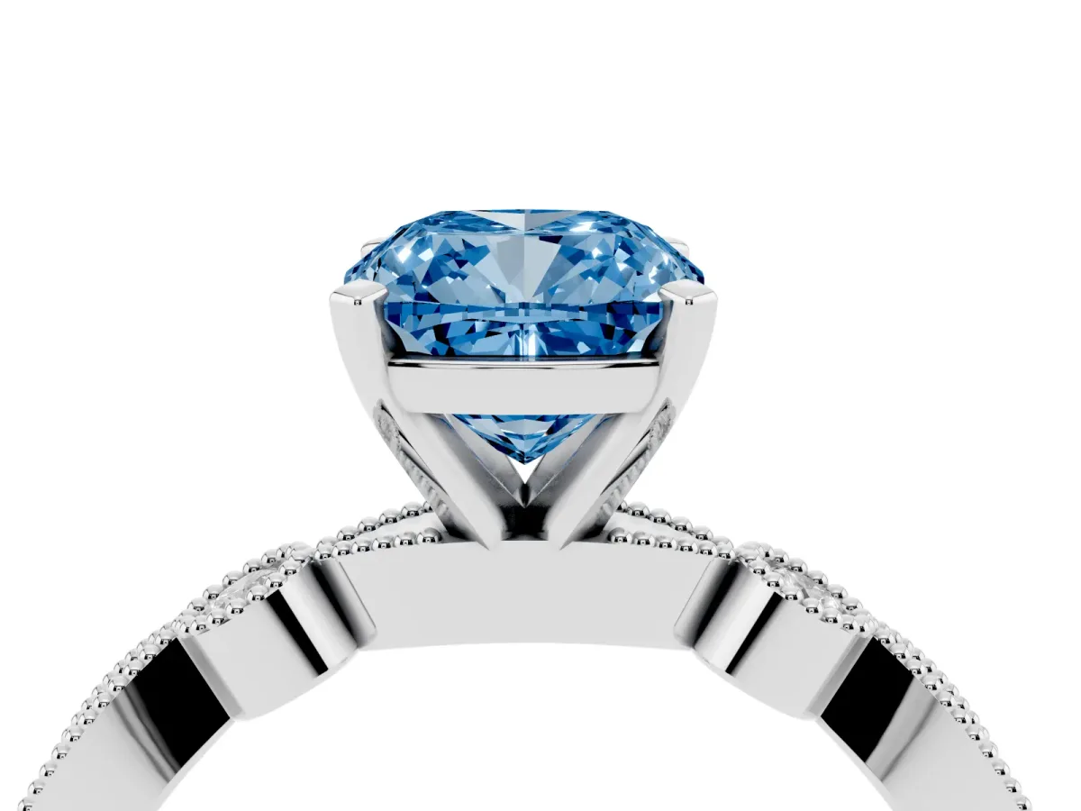 Fancy Blue Cushion Cut Milgrain Bezel Diamond Engagement Ring with Solitaire Prong Setting Platinum