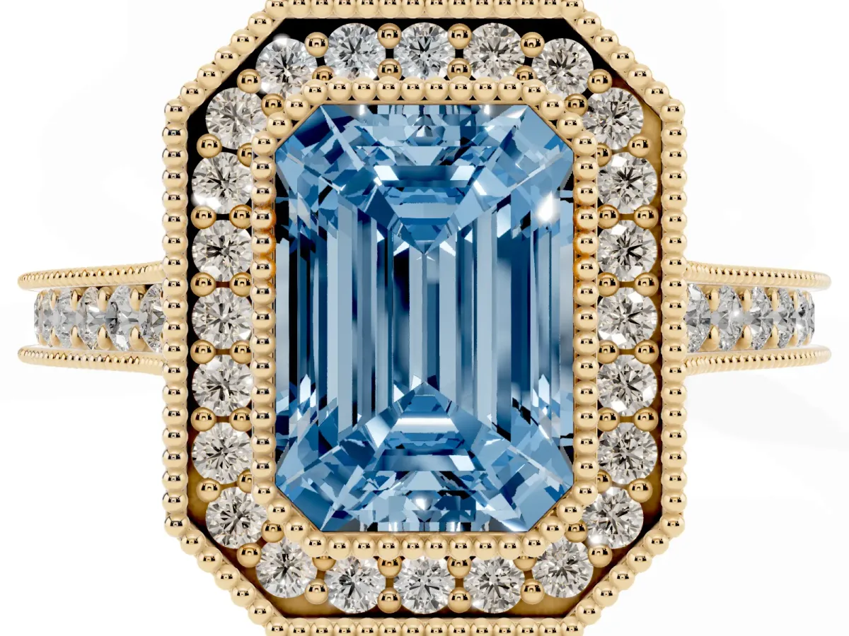 Fancy Blue Halo Emerald Cut-Cut Diamond Pave Band Milgrain Prong Setting Ring Yellow gold