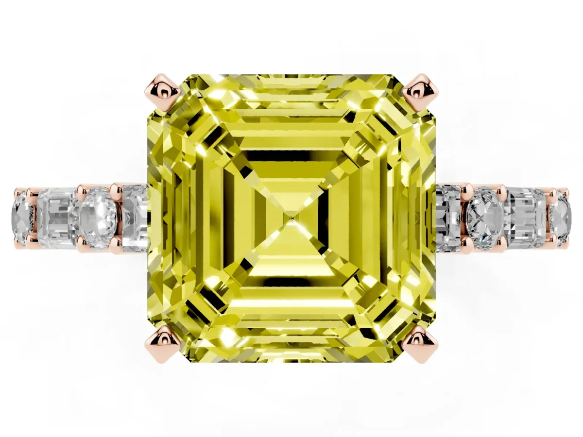 Fancy Yellow Asscher Cut Diamond Solitaire with Side Baguettes and Channel Set Band Rose gold