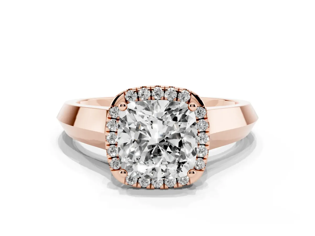 Cushion Cut Halo Diamond Ring with Cathedral Band and Four-Prong Setting Rose gold