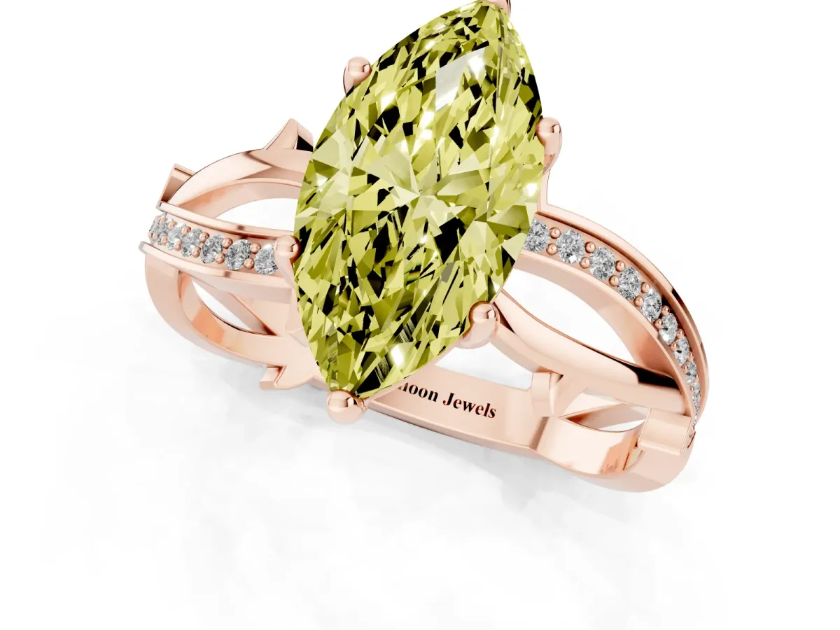 Fancy Yellow Marquise Cut Solitaire Twist Band with Pavé Accents and Four-Prong Setting Rose gold