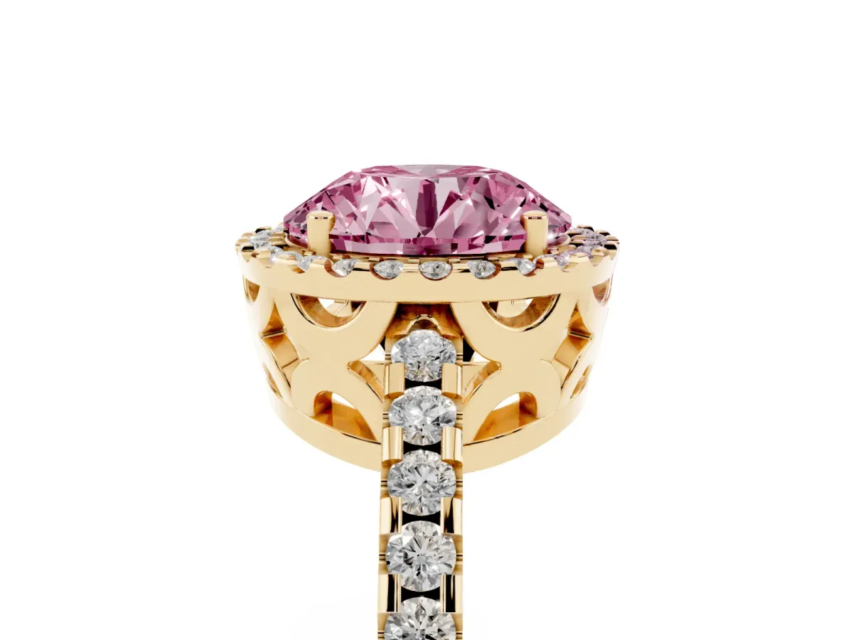 Fancy Pink Round Cut Diamond Halo Engagement Ring with Pavé Band and Prong Setting Yellow gold