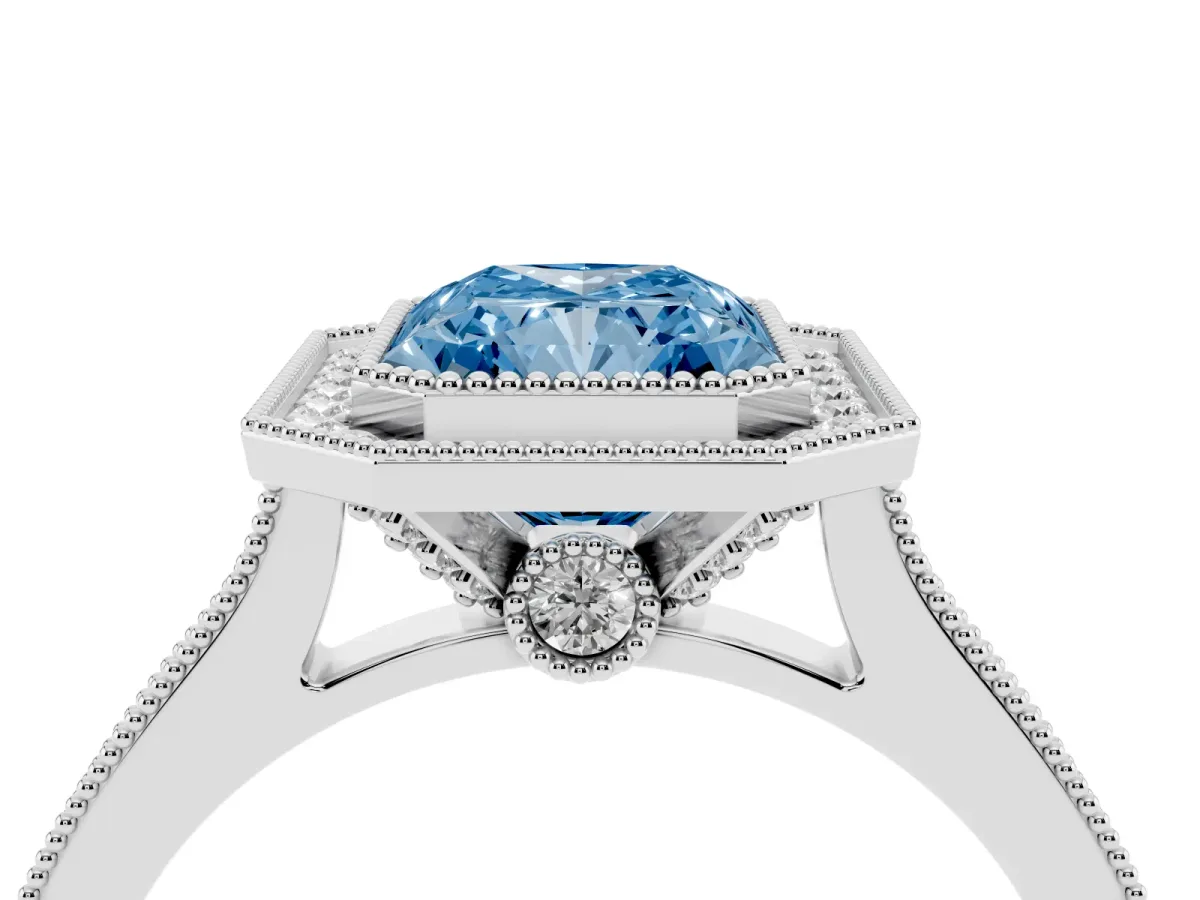 Fancy Blue Halo Radiant Cut-Cut Diamond Pave Band Milgrain Prong Setting Ring Silver