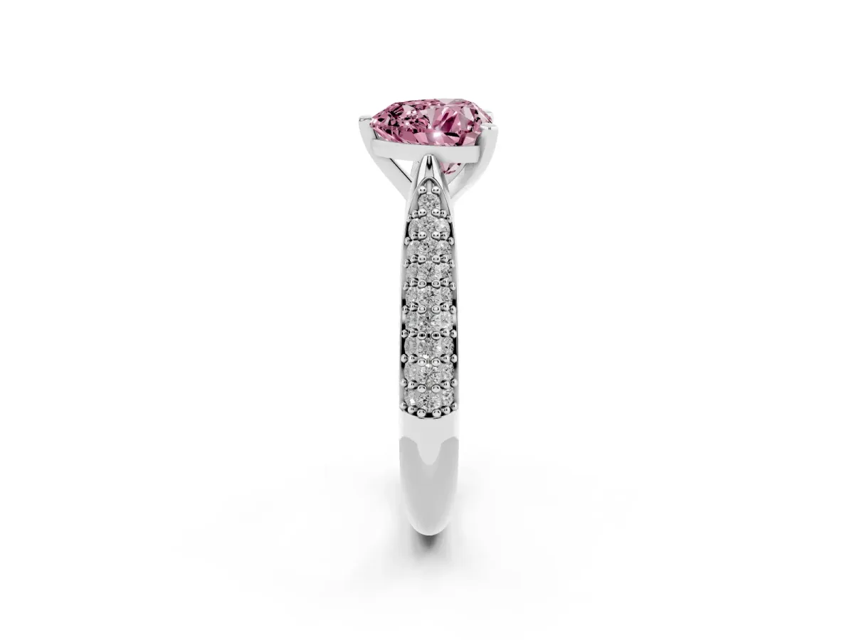 Fancy Pink Heart Cut Diamond Solitaire Engagement Ring with Multi-Row Round Pavé Band and Prong Setting Silver