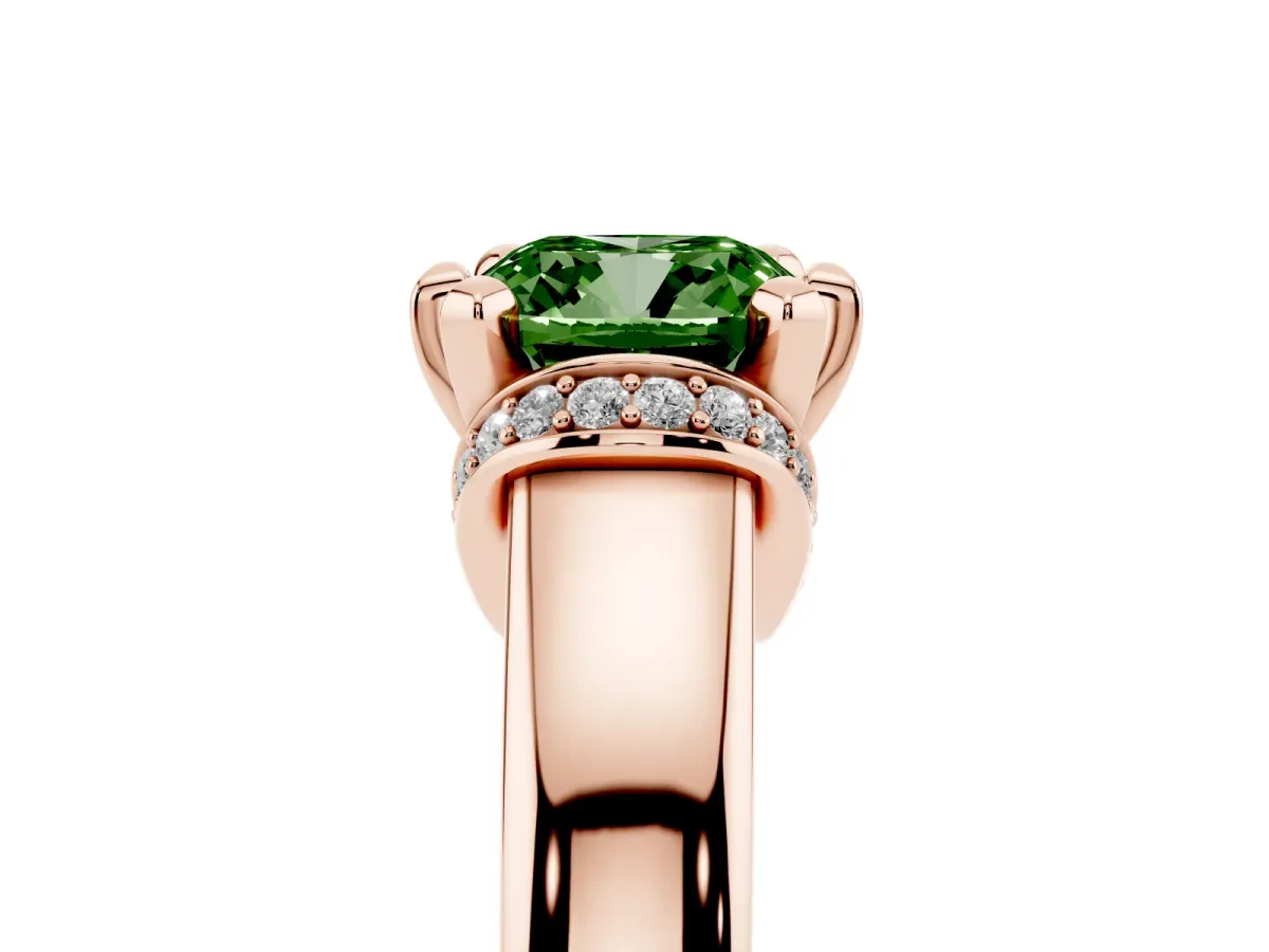 Fancy Green Cushion Cut Solitaire Diamond Ring with Pave Band and Six-Prong Setting Rose gold