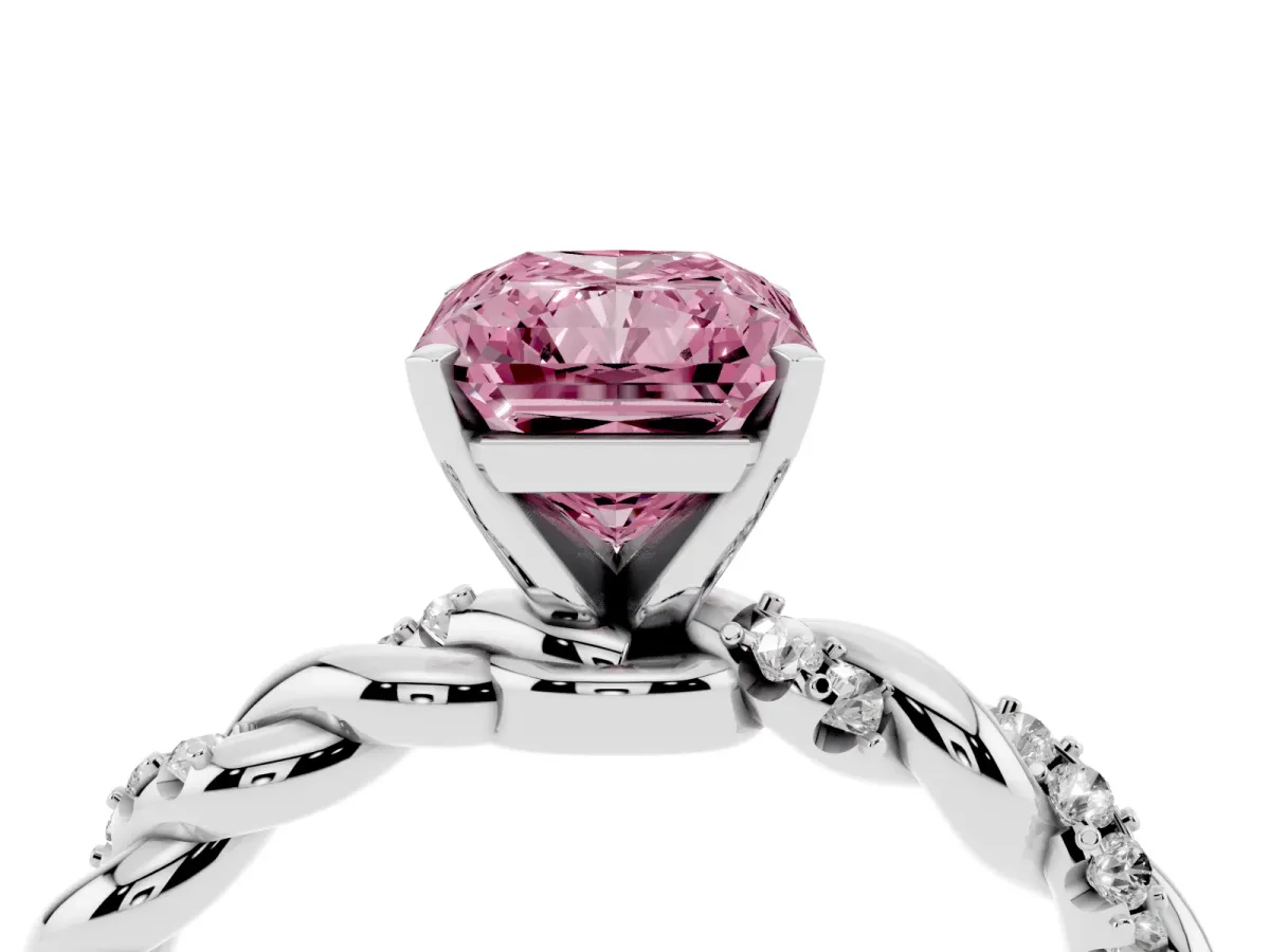 Fancy Pink Radiant Cut Diamond Solitaire Ring with Twisted Band and Pavé Accents Silver