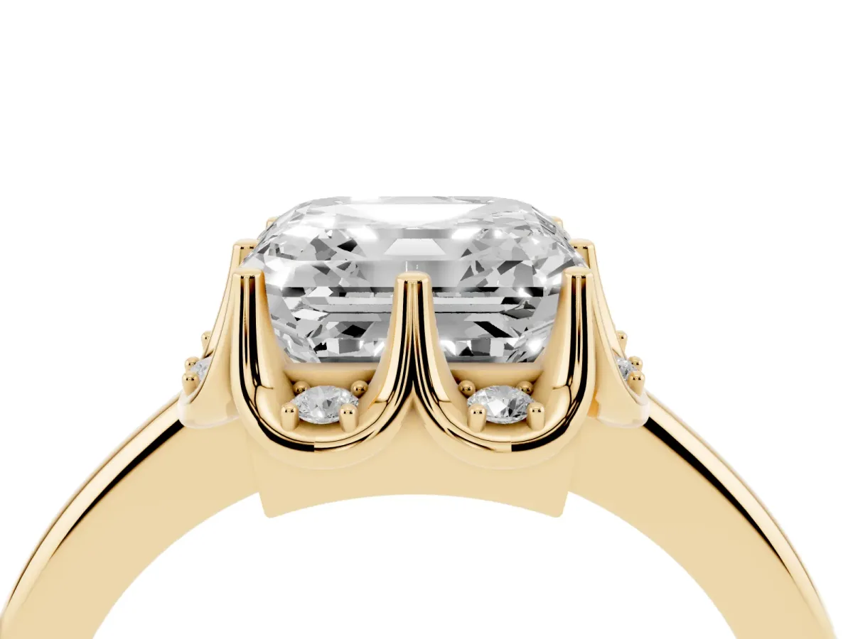 Asscher Cut Halo Diamond Ring with Round Cluster Setting, Solitaire Band, and Four-Prong Setting Yellow gold