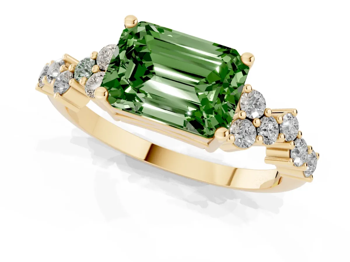 Fancy Green Emerald Cut Diamond Scattered Round Accent Ring with Prong Setting Yellow gold