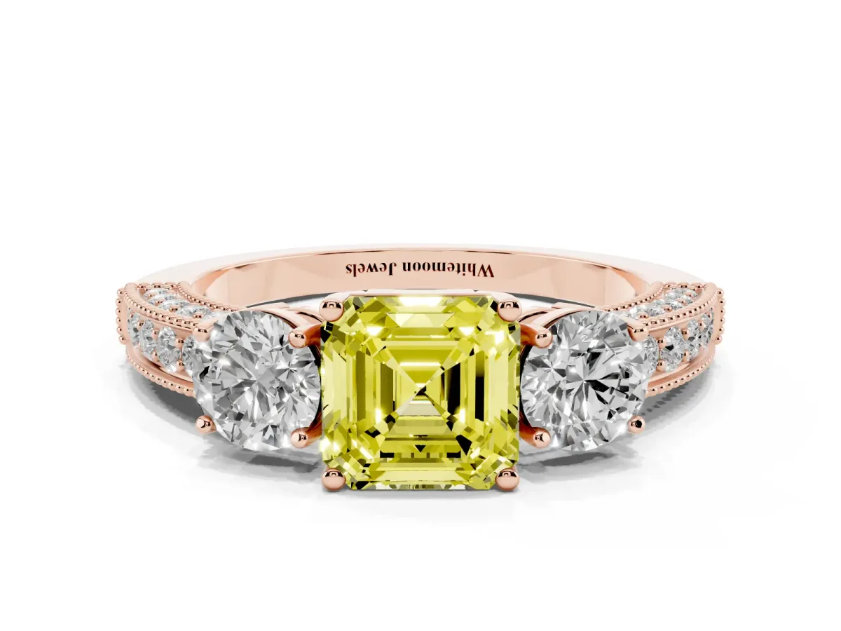 Fancy Yellow Asscher Cut Three-Stone Diamond Ring with Pavé Band and Four-Prong Setting Rose gold