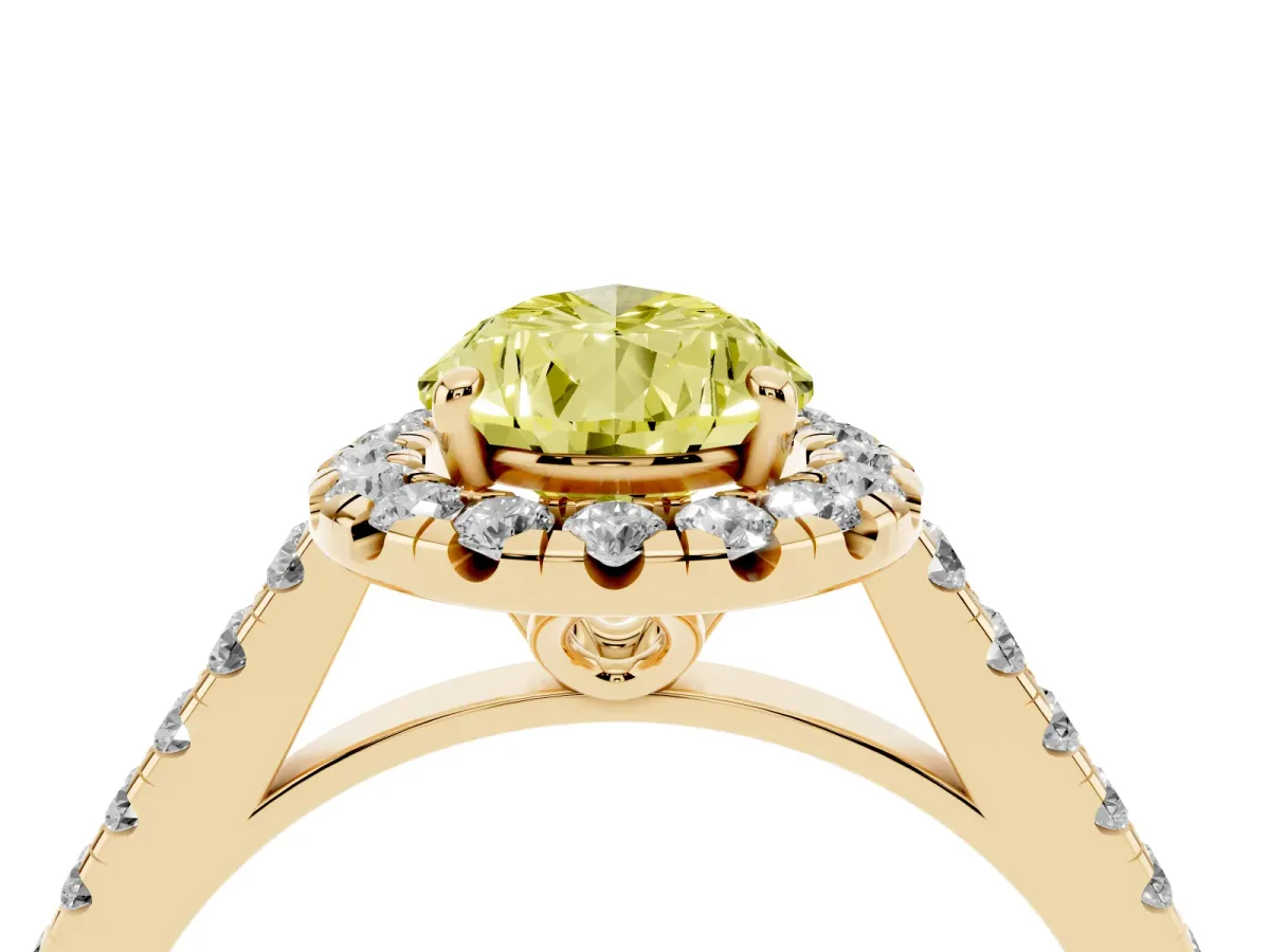 Fancy Yellow Pear Cut Halo Pavé Diamond Engagement Ring with Four-Prong Setting Yellow gold