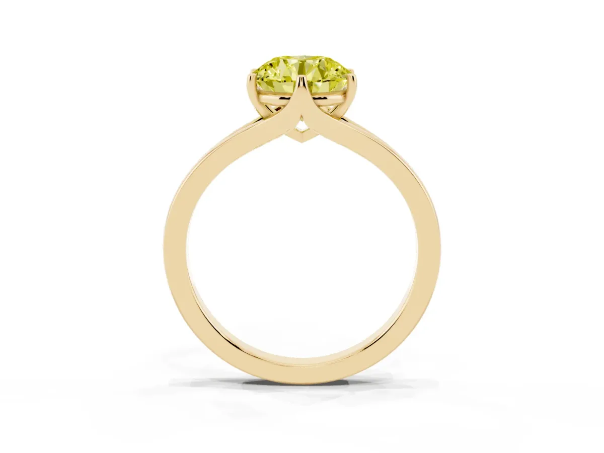 Fancy Yellow Round Cut Solitaire Diamond Ring with Six-Prong Setting and Tapered Band Yellow gold