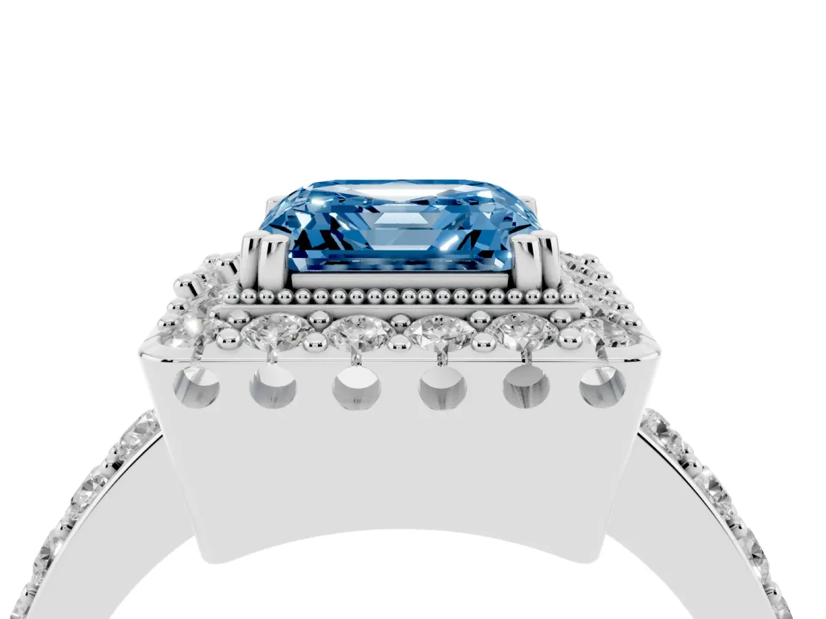 Fancy Blue Asscher Cut Diamond Halo Ring with Pavé Band and Prong Setting Silver