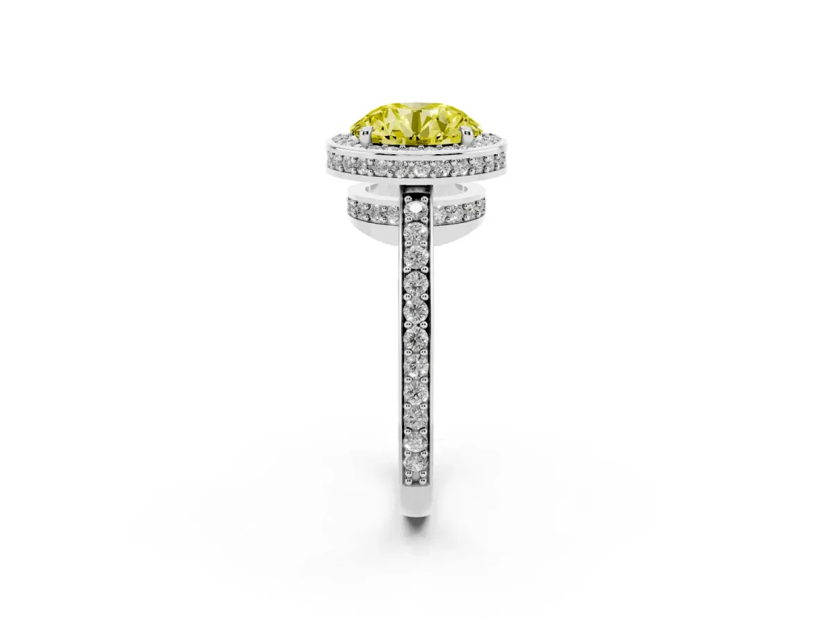 Fancy Yellow Round Cut Halo Pave Band Solitaire Ring with Prong Setting Silver