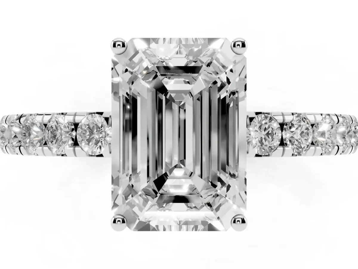 Emerald Cut Diamond Pavé Solitaire Engagement Ring with Four-Prong Setting Silver