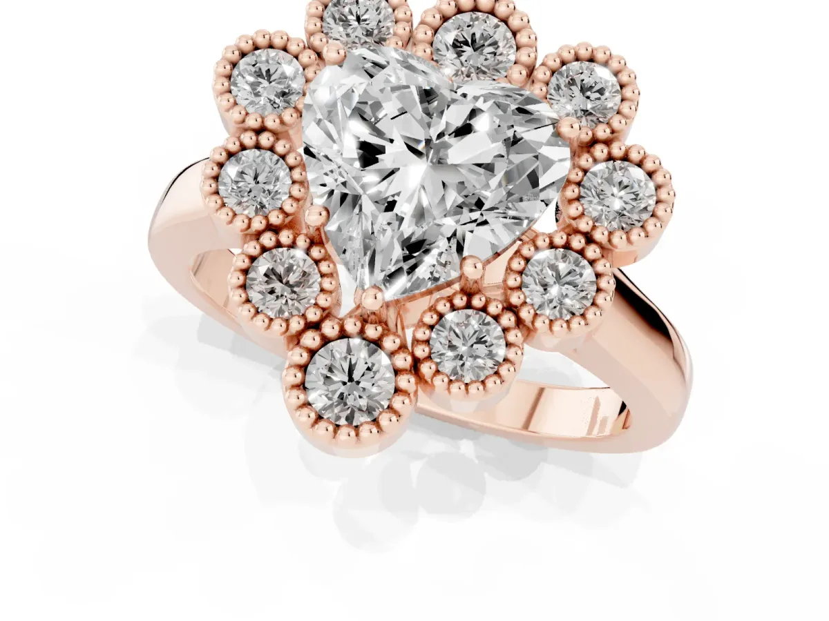 Heart Cut Halo Diamond Cluster Engagement Ring with Milgrain Bezel Setting and Solitaire Band Rose gold