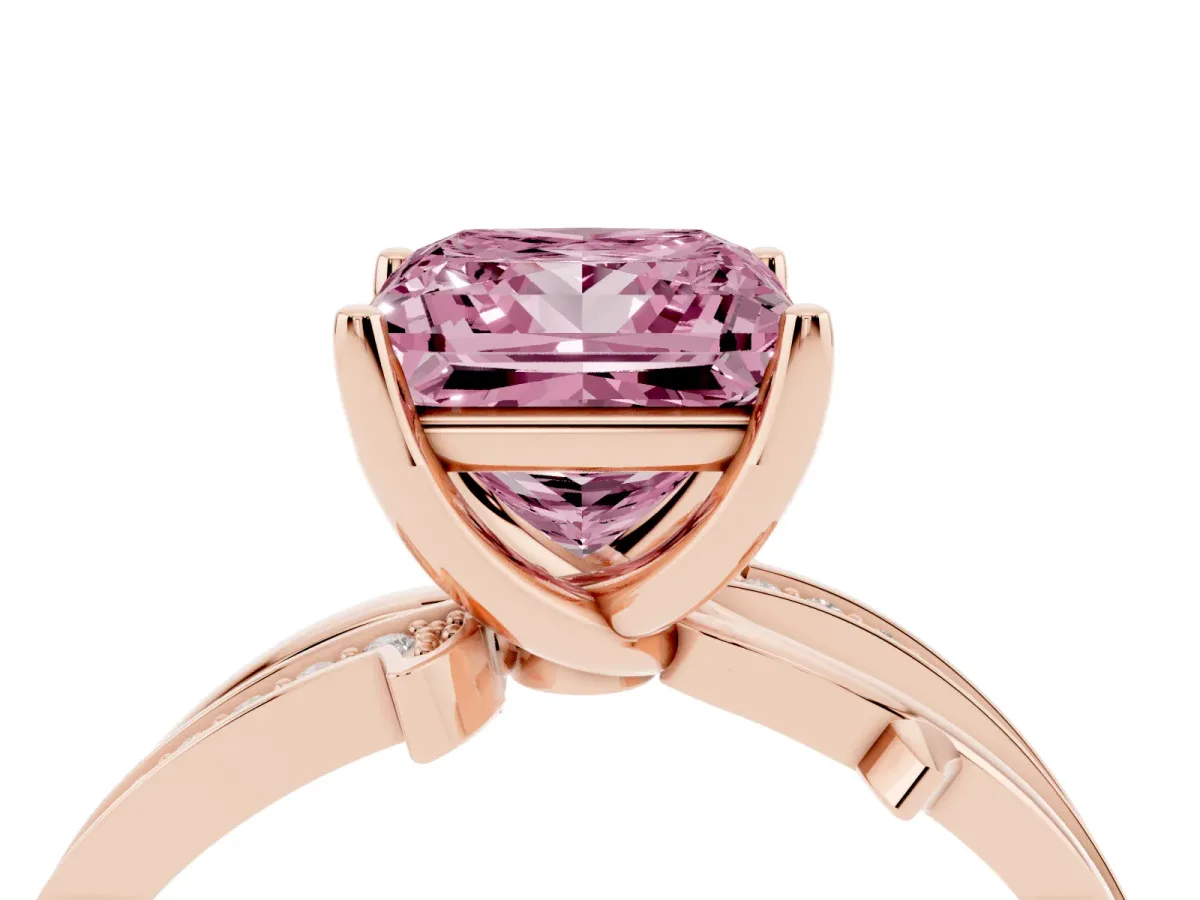 Fancy Pink Princess Cut Solitaire Twist Band with Pavé Accents and Four-Prong Setting Rose gold