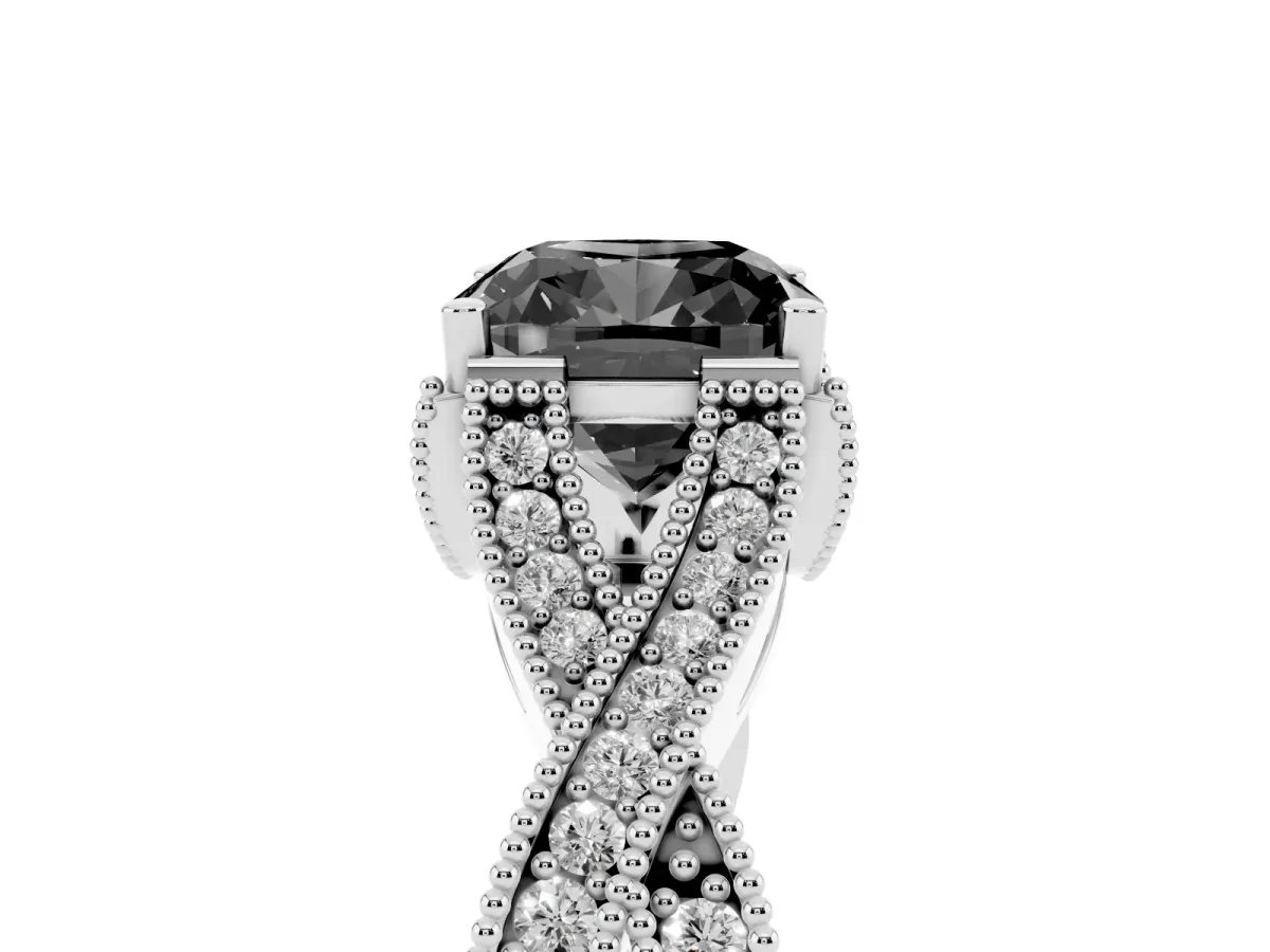 Fancy Black Cushion Cut Cut Diamond Twisted Band with Milgrain Pave Setting and Four-Prong Setting Silver