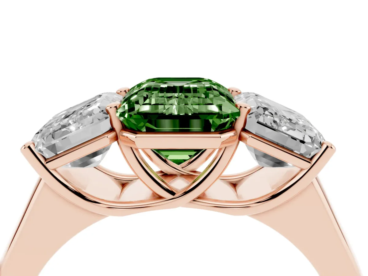 Fancy Green Emerald Cut Three-Stone Diamond Ring with Prong Setting on a Classic Band Rose gold