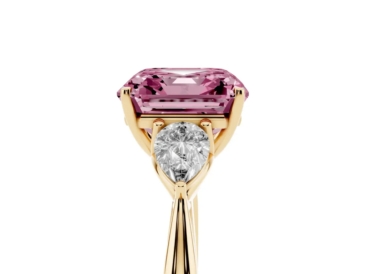 Fancy Pink Three-Stone Asscher Cut Brilliant Diamond Solitaire Ring with Tapered Band and Four-Prong Setting Yellow gold