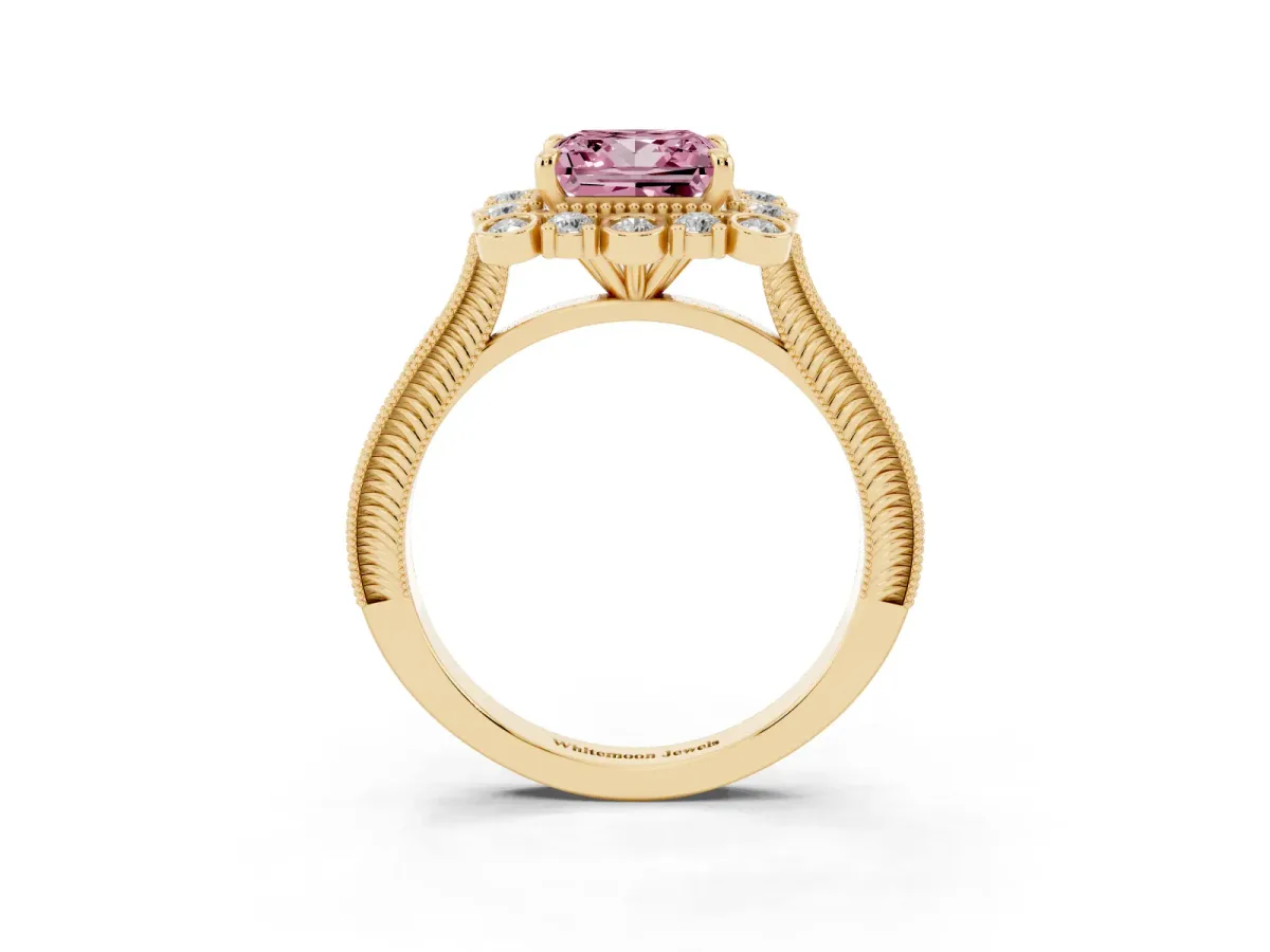 Fancy Pink Princess Cut Halo Milgrain Pave Diamond Ring with Four-Prong Setting Yellow gold