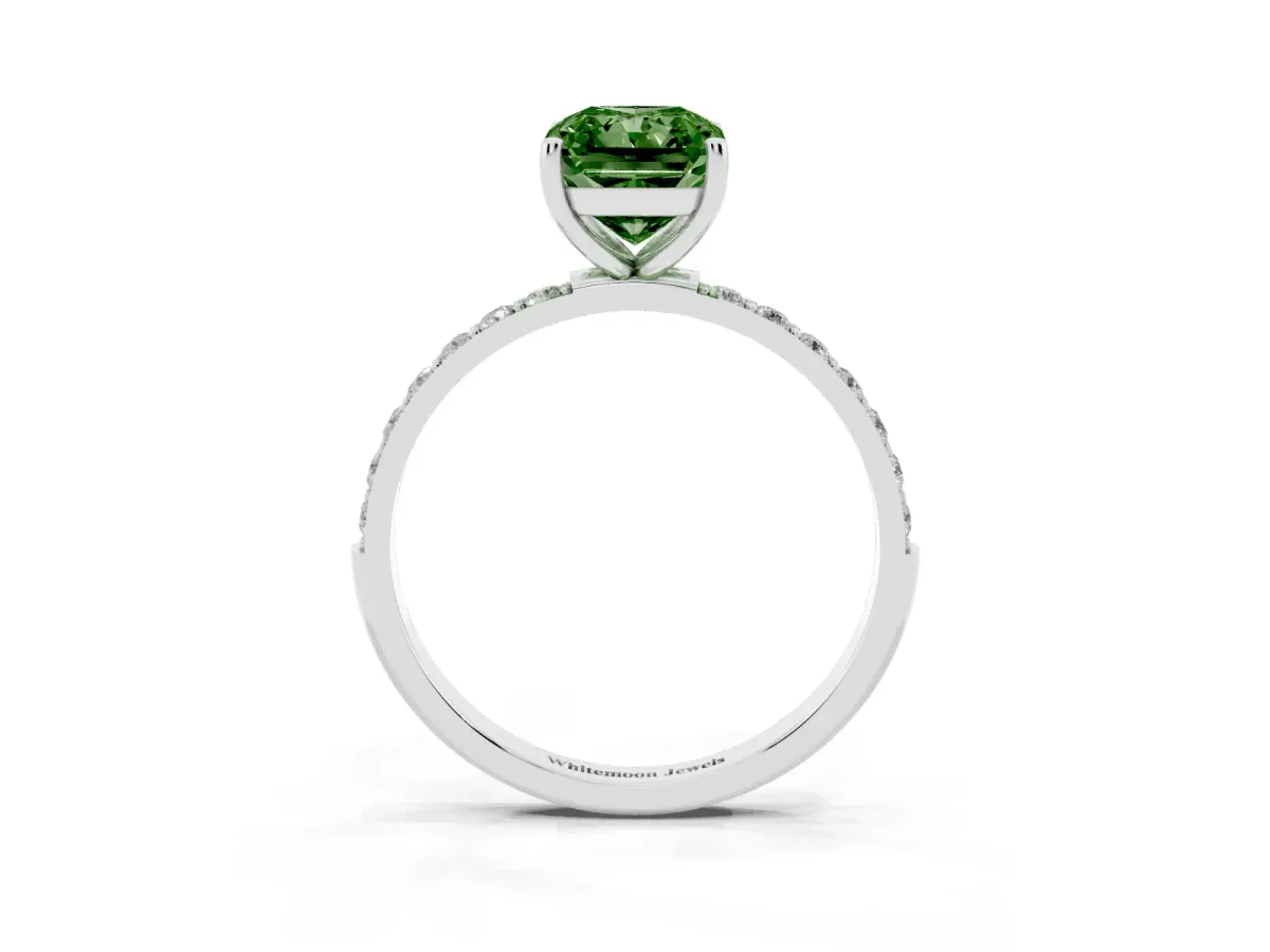 Fancy Green Radiant Cut Diamond Solitaire Ring with Round Pavé Shoulders and Prong Setting Silver