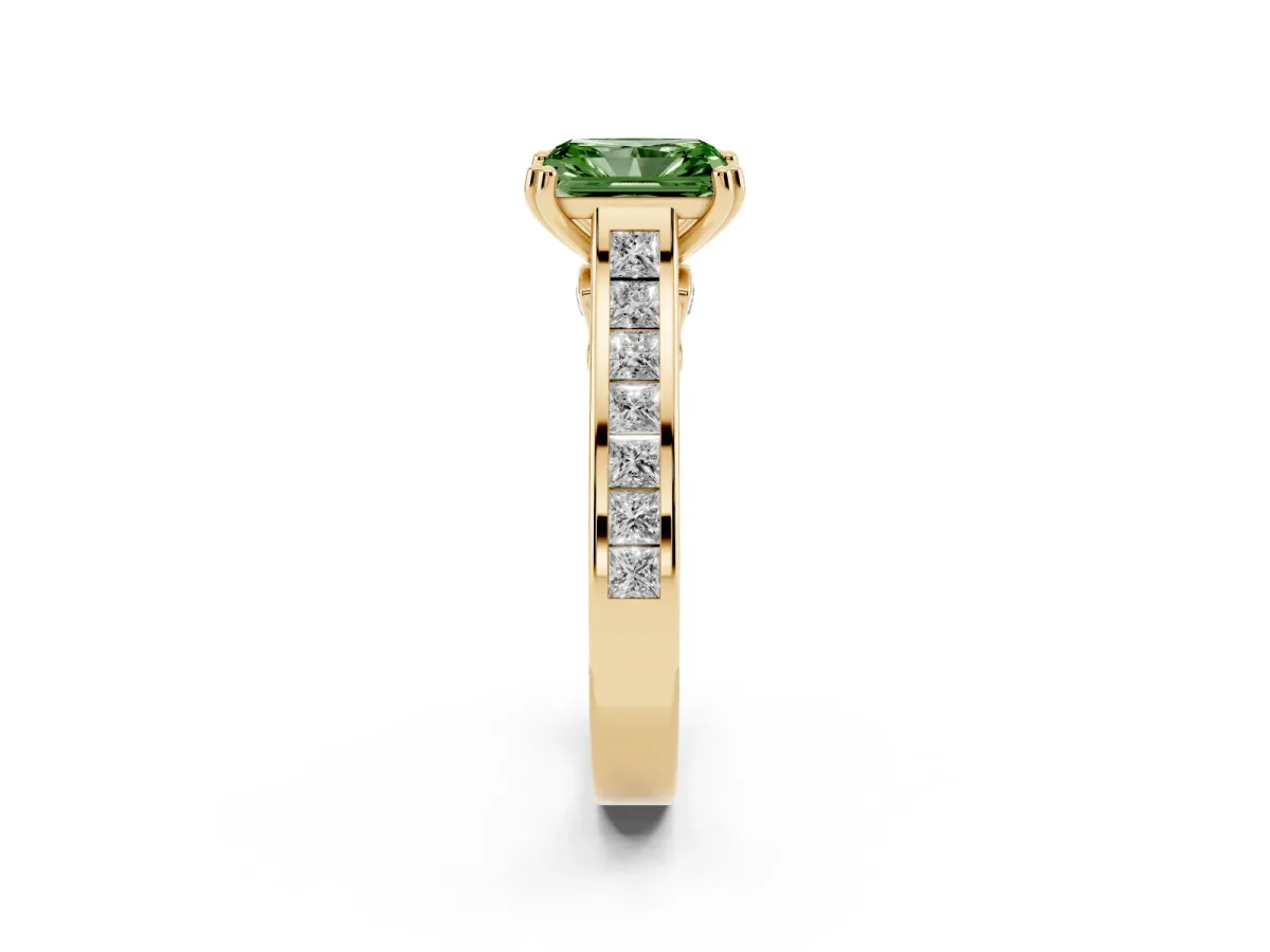 Fancy Green Radiant Cut Cut Channel Set Solitaire Engagement Ring with Prong Setting Yellow gold