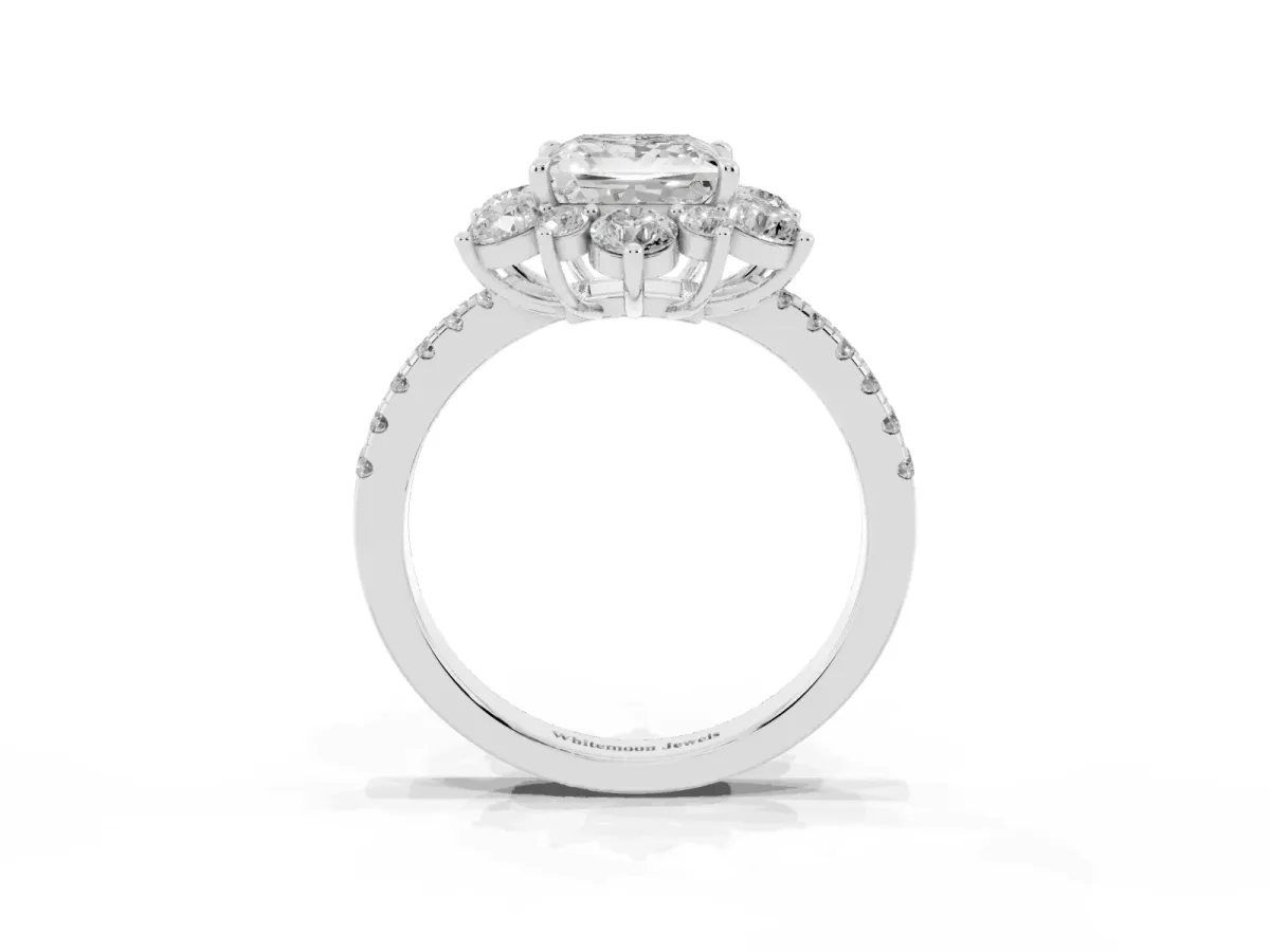 Princess Cut Diamond Floral Halo Ring with Round Pavé Band and Prong Setting Silver