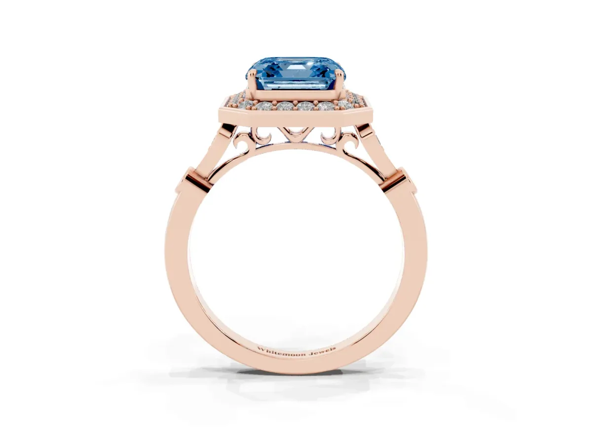 Fancy Blue Asscher Cut Halo Diamond Engagement Ring with Twisted Band and Four-Prong Setting Rose gold