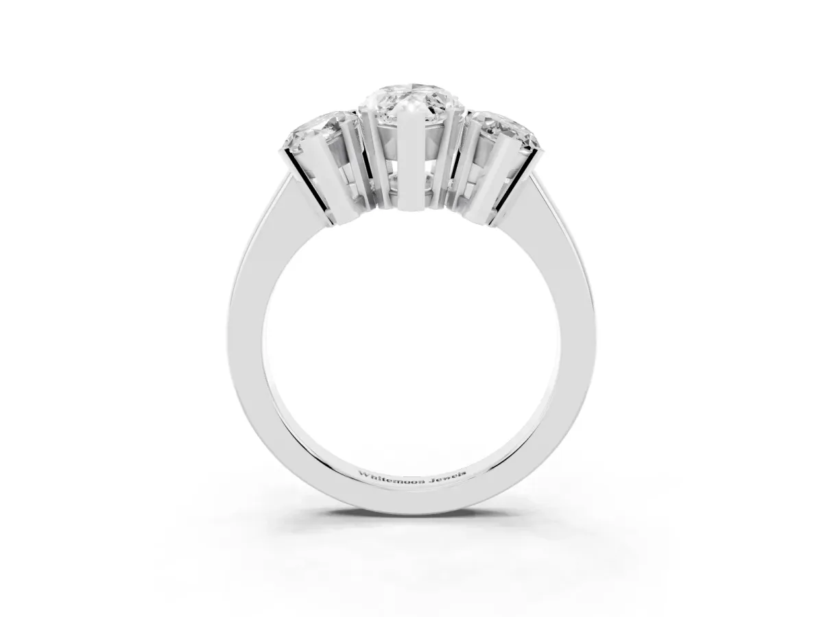 Three-Stone Marquise Cut Cut Diamond Ring with Channel Set Band and Four-Prong Setting Silver