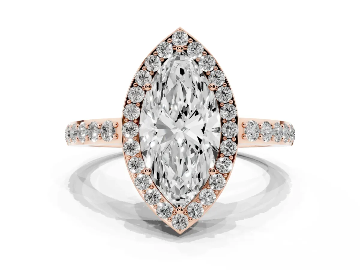 Marquise Cut Halo Diamond Pavé Band Ring with Prong Setting Rose gold