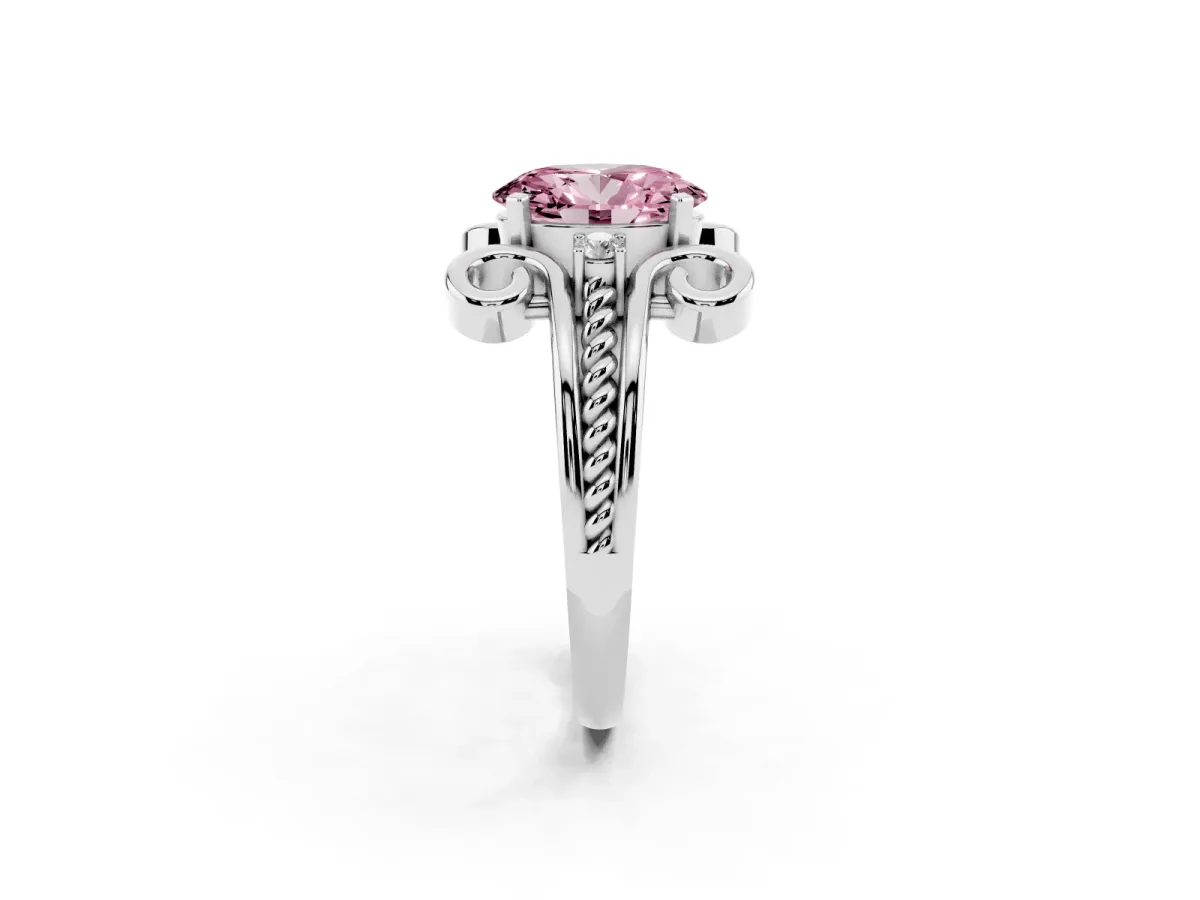 Fancy Pink Oval Cut Solitaire Twisted Band Scroll Prong Ring White gold
