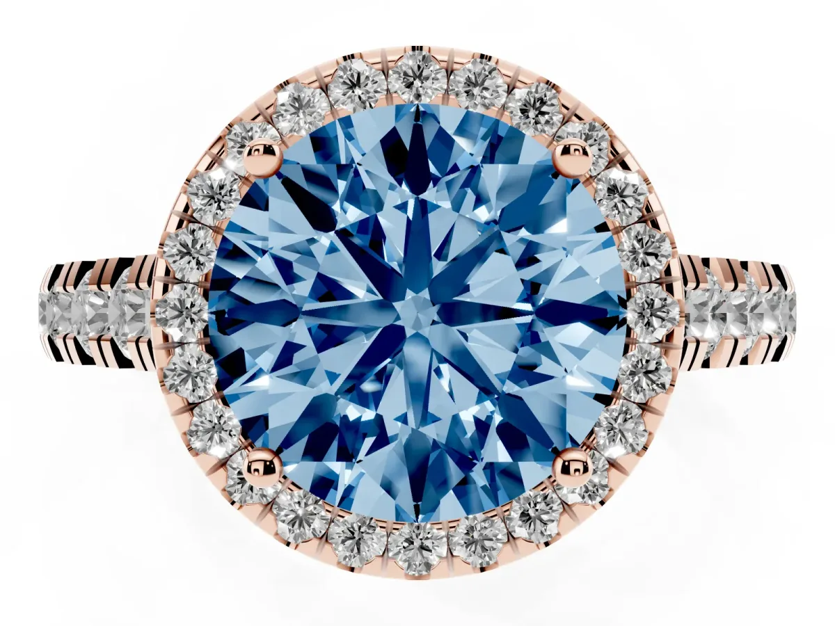 Fancy Blue Round Cut Halo Pavé Diamond Engagement Ring with Four-Prong Setting Rose gold