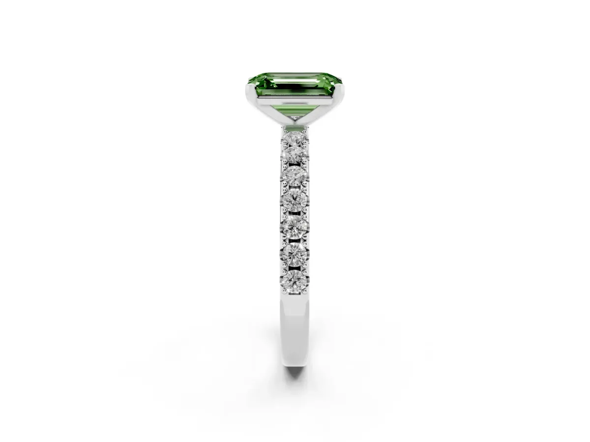 Fancy Green Emerald Cut Diamond Solitaire Pavé Band with Four-Prong Setting Platinum