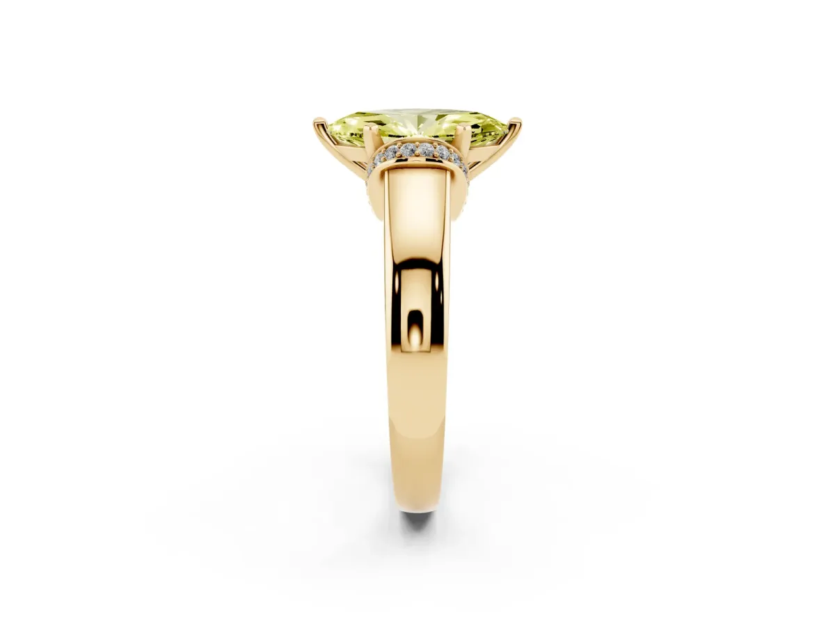 Fancy Yellow Marquise Cut Solitaire Diamond Ring with Pave Band and Six-Prong Setting Yellow gold