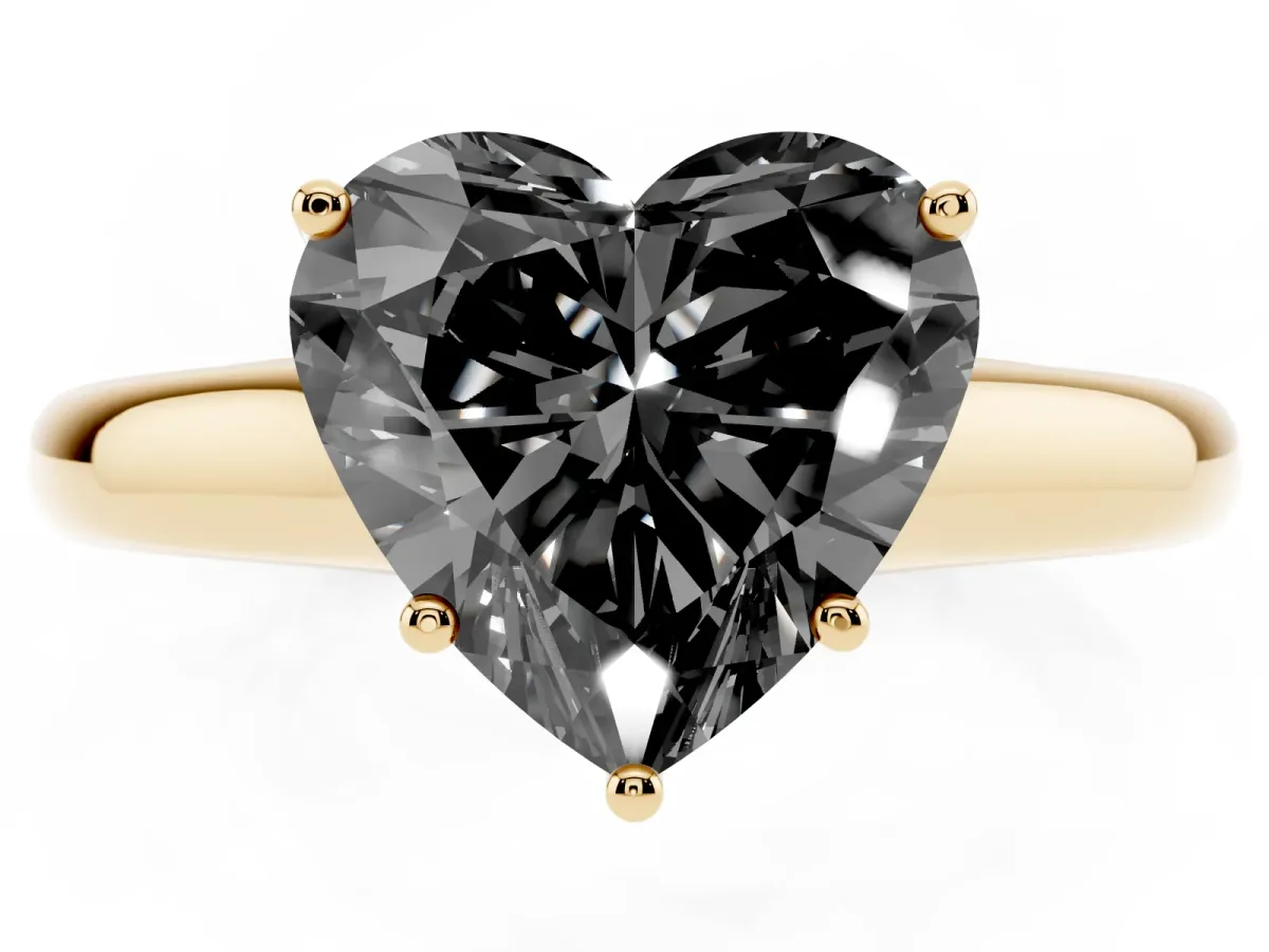 Fancy Black Heart Cut Cut Diamond Solitaire Engagement Ring with Tapered Plain Band and Four-Prong Setting Yellow gold