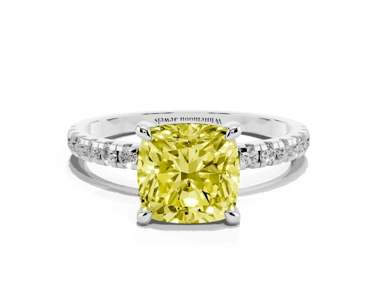 Fancy Yellow Cushion Cut Diamond Brilliant Solitaire Ring with Pavé Band and Four-Prong Setting Platinum