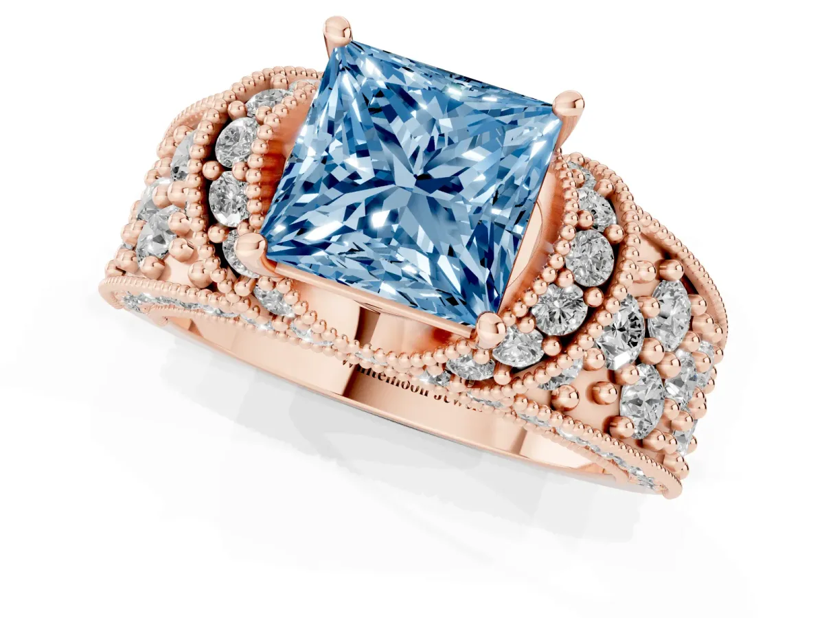 Fancy Blue Princess Cut Halo Pave Diamond Engagement Ring with Milgrain Detailing Rose gold
