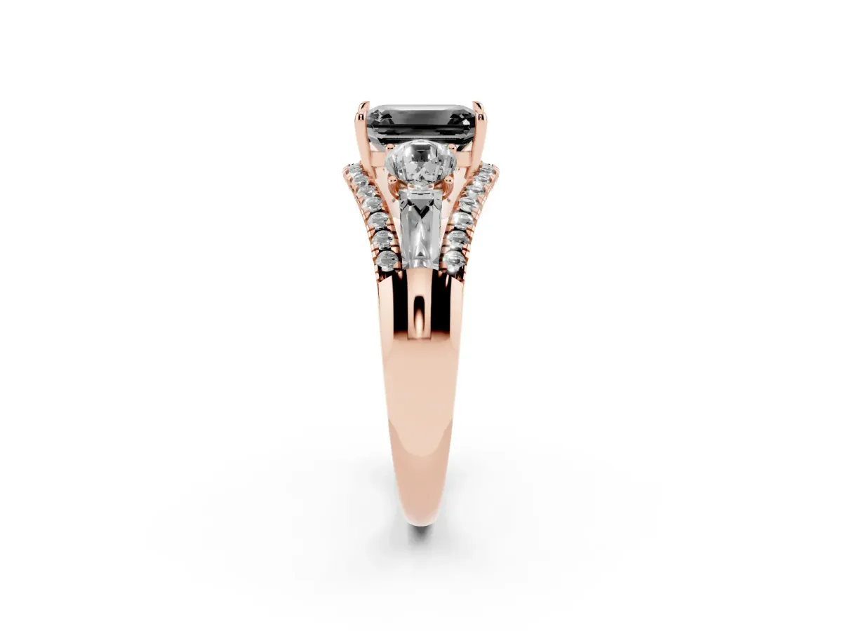 Fancy Black Three-Stone Emerald Cut Diamond Engagement Ring with Pave Band and Prong Setting Rose gold