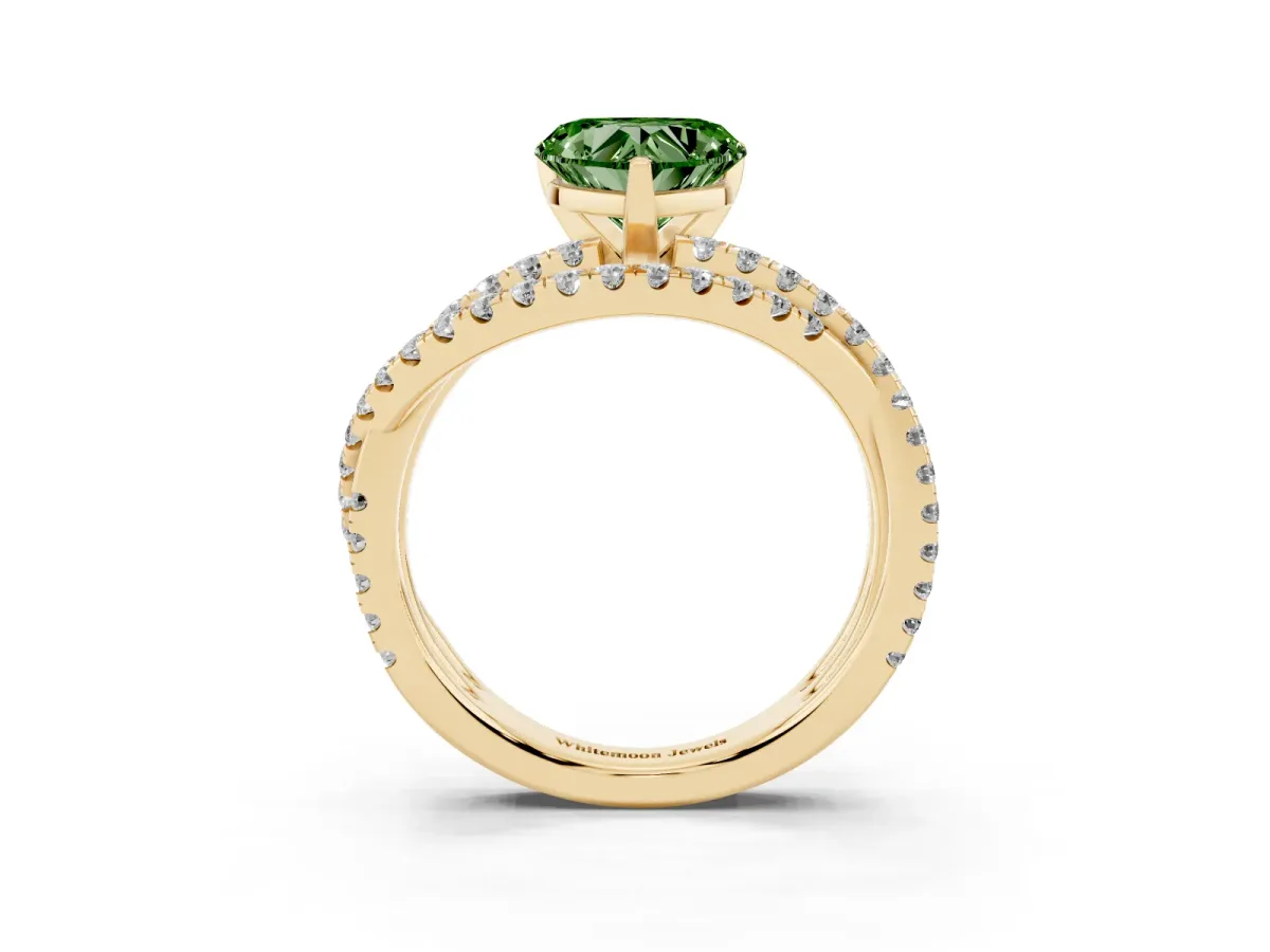 Fancy Green Heart Cut Solitaire Twist Band with Pavé Setting and Four-Prong Setting Yellow gold