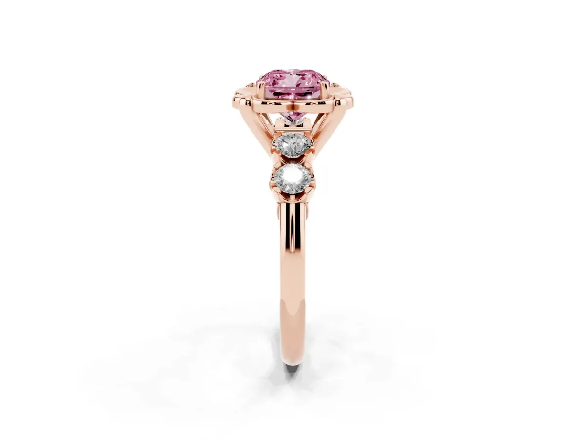 Fancy Pink Cushion Cut Cut Diamond Floral Halo Engagement Ring with Shared Prong Setting Rose gold