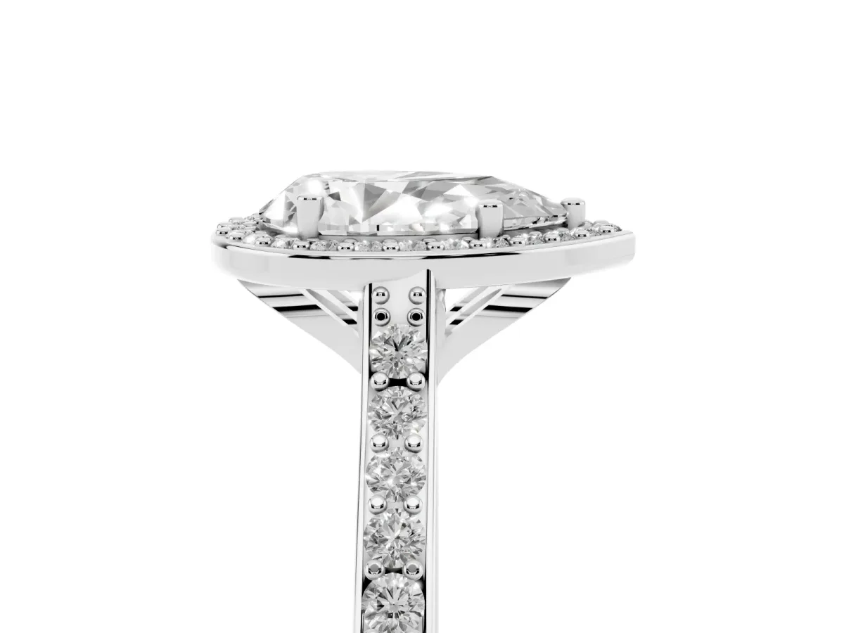 Pear Cut Diamond Halo Engagement Ring with Round Pavé Shoulders and Prong Setting Silver