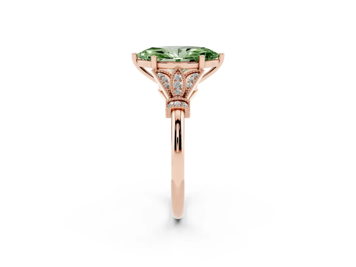 Fancy Green Marquise Cut Diamond Solitaire Ring with Floral Filigree and Pave Accents Rose gold