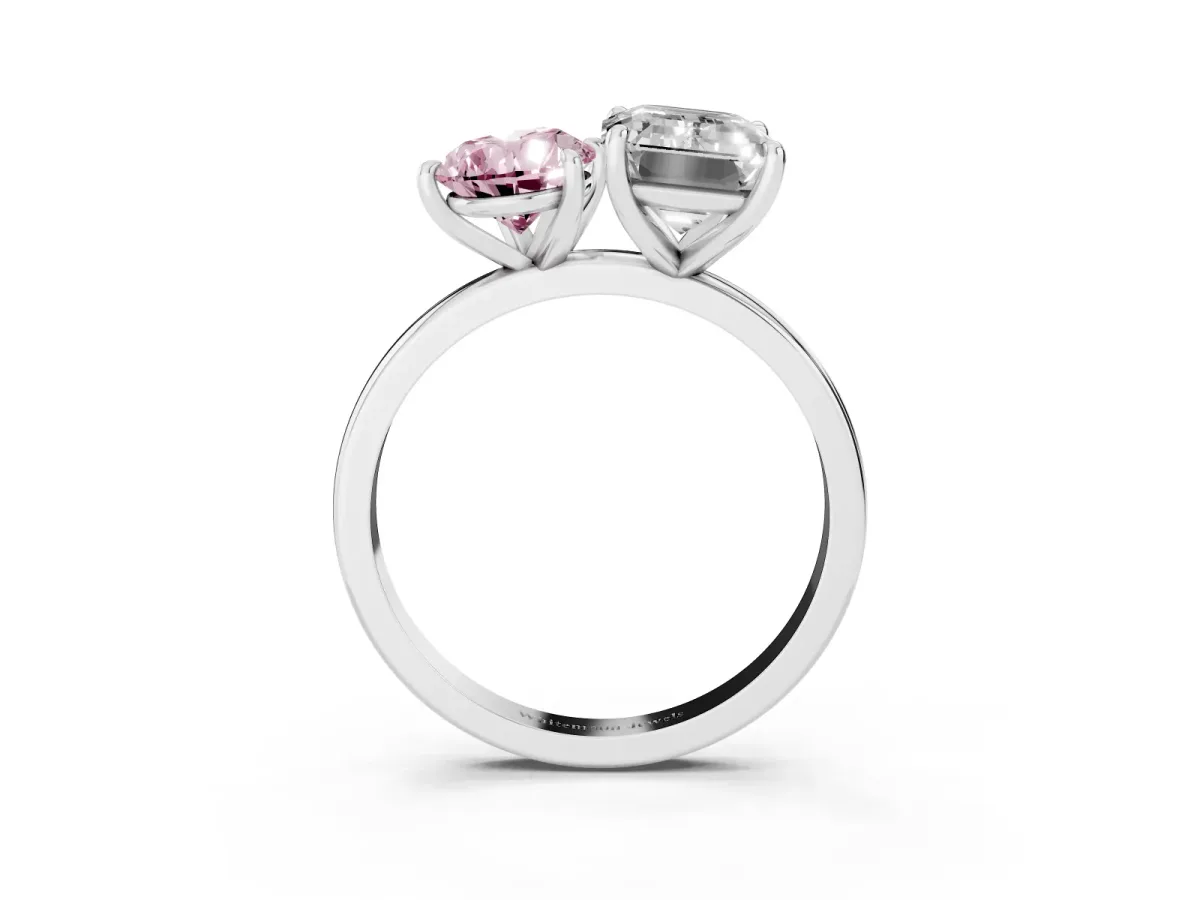 Fancy Pink Pear Cut and Emerald Cut Toi Moi Ring with Prong Setting Platinum