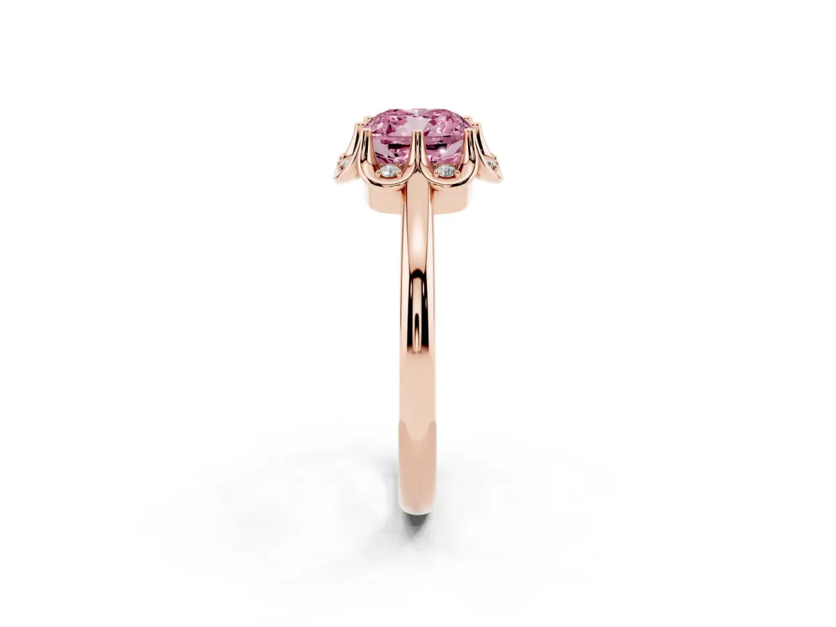 Fancy Pink Cushion Cut Halo Diamond Ring with Round Cluster Setting, Solitaire Band, and Four-Prong Setting Rose gold