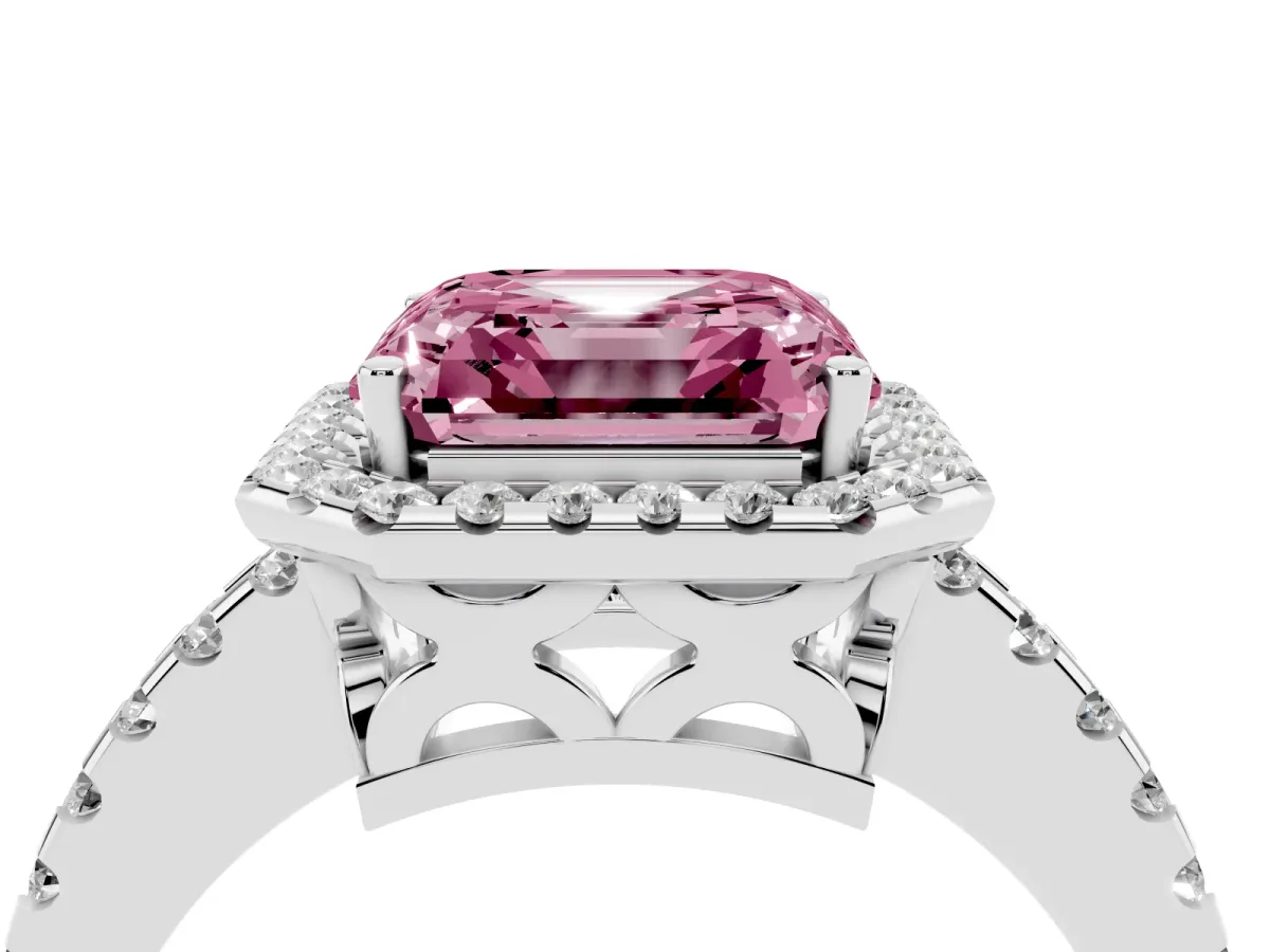 Fancy Pink Asscher Cut Diamond Halo Engagement Ring with Pavé Band and Prong Setting White gold